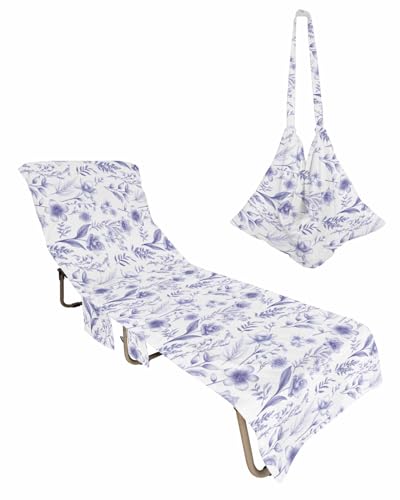 Elegant Purple Flowers Beach Lounge Chair Towel Cover, Soft Chaise Lounge Towel with Side Pockets Patio Pool Chairs Cover for Beach/Pool Sunbathing 29x85 Spring Floral Botanical Summer