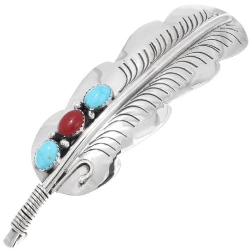 Navajo Turquoise Coral Silver Hair Barrette Sterling Three Stone Design