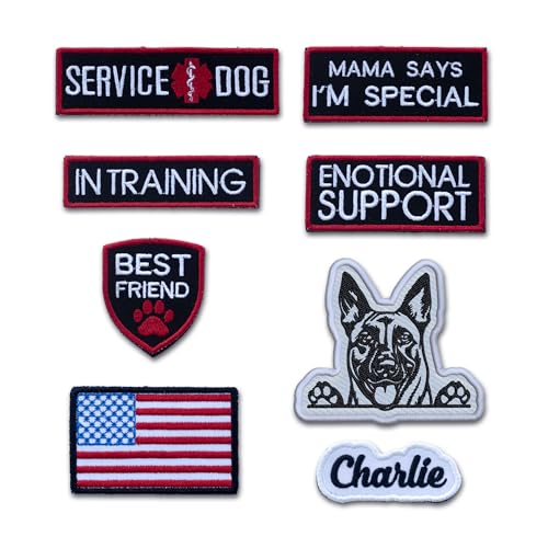 8 Packs Service Dog Patches for Harness, Custom Embroidered Dog Name Patches, Personalized Belgian Malinois Dog Patches, Tags with Hook and Loop Patches for Dog in Training, Emotional Support