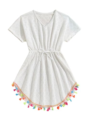 SHENHE Girl's Swimsuit Cover Up Short Sleeve Beach Tassel Dress Bathing Suit Coverups