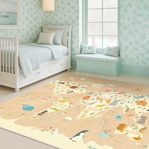 Image of Hazo Haus Washable Kids Rug for Playroom - 5x7 Toddlers Room Play Rug, Educational World Map Area Rug with Cute Animals - Non-Slip, Stain Resistant, Soft & Safe, Nursery, Kids Room, Bedroom - Beige