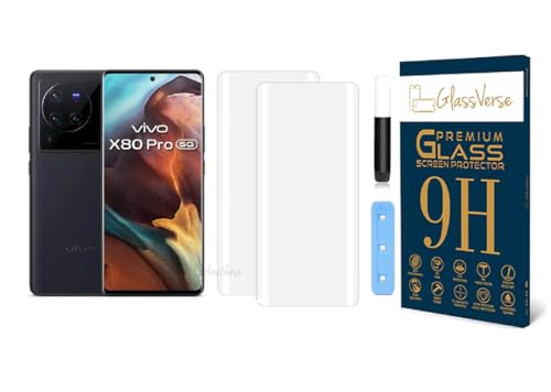 Image of GlassVerse Vivo X80 Pro UV Tempered Glass Screen Protector. Pack Of 2 | 3D Curved Edge | 9H Hardness | Full UV Glue with UV Light | Anti-Scratch | Case Friendly | HD Clear. (6.78 Inches)