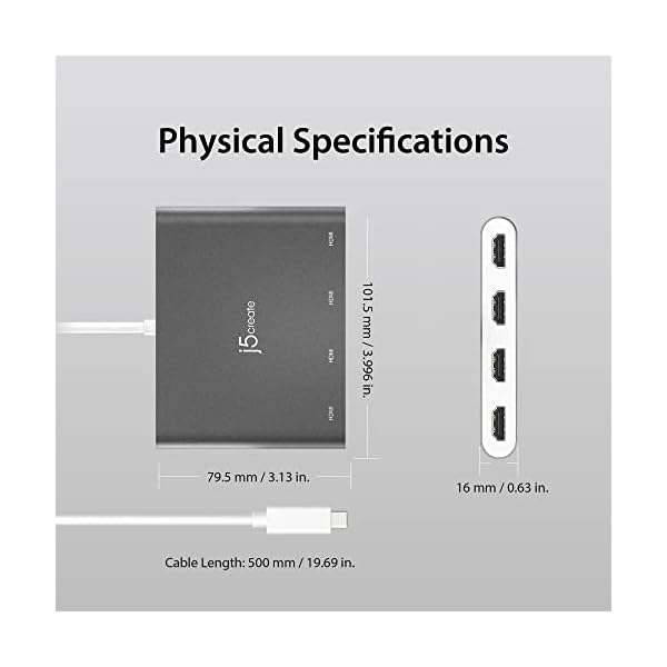 j5create USB-C to 4 Port HDMI Adapter Hub- Multi Monitor Splitter - Support 4 1080p 60Hz Displays - Compatible with Type-C MacBook and Windows Laptop (JCA366) - Image 7