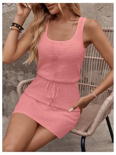 Image of RoseSeek Women's Waffle Knit Belted Tank A Line High Waisted Dresses Square Neck Sleeveless Summer Short Dress