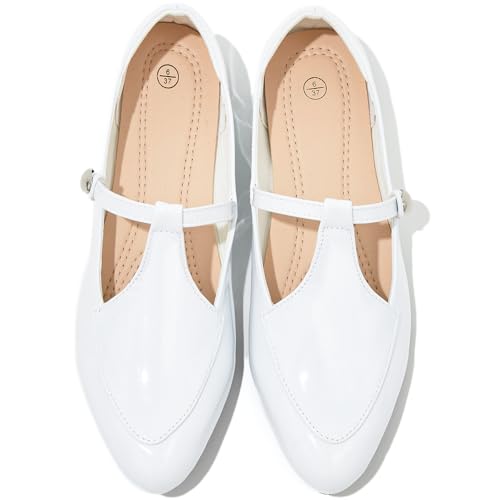 Ballet Flats Shoes for Women PU Leather Dress Comfortable Slip-on Wedding Mary Jane Shoes with Ankle Strap with Ankle Strap