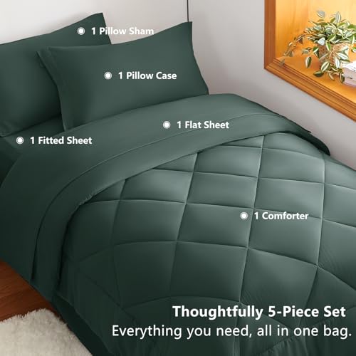 Image of CozyLux Twin XL Comforter Set Forest Green - 5 Pieces Twin Extra Long Bed in a Bag for College Dorm, All Season Bedding Set for Girls and Boys, Soft Bed Set with Comforter, Sheets, Pillowcase & Sham