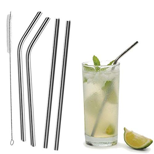Image of STAR WORK - Metal Straws Stainless Steel Straws 8.5 inch Drinking Straws Reusable 4 Set And 1 cleaning Brush For Picnic,Travelling,Home,Bars (SILVER)
