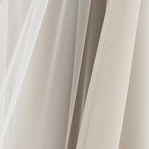 Image of Bujasso Beige Moderate Blackout Curtains with Sheer Overlay Mix and Match Double Layer Thermal Insulated Window Panels 72 inch for Bedroom Beige Drapes with Tiebacks Grommet Top 37 inch Wx72 Lx2