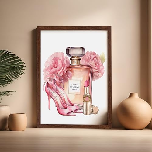 Image of Poster Master Pink Designer Print - Fashion Poster - Shoes, Lipstick & Perfume Art - Chic Gift for Women & Fashionista - Glam Decor for Bedroom or Girl's Room - 16x20 Brown Framed