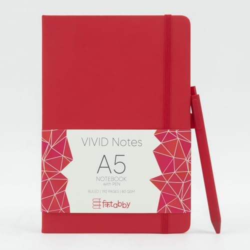 Image of Kitabby VIVID Notes A5 Hard Bound Notebook with Pen - Red | Elastic Band & Pen Loop, 192 Pages, 80gsm Natural Shade Paper, Polymer Coated Paper Cover