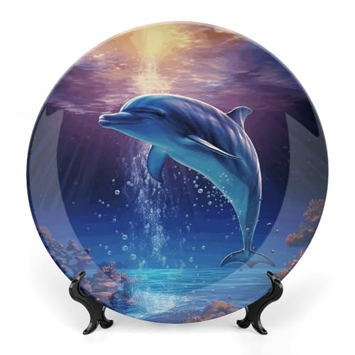 BTCOWZRV Ocean Dolphin Ceramic Decorative Plate Bone China Decorative Plates with Display Stand Dinner Plates Art Crafts Ceramic Ornaments for Wall Hanging Decoration