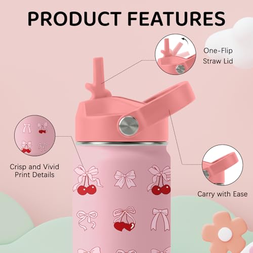 Image of Cherry Water Bottle for Daughter, Stainless Steel Insulated Tumbler with Straw Lid and Handle, 12oz Reusable Leak-Proof Bottle for Sports