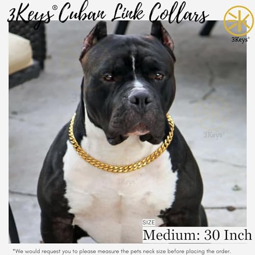 Image of 3Keys Brass Cuban Link Dog Chain Collar - Heavy Duty Training Dog Collar, 30 Inch, 12.5 mm, Medium