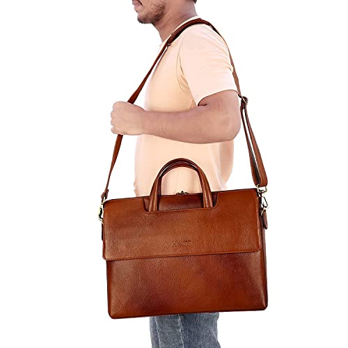 Image of RICHSIGN LEATHER ACCESSORIES Full Grain Natural Leather Laptop Messenger & Shoulder Bags for Men Women Office Briefcase Branded Stylish..Dimensions: L-14 x H- 12 x W- 2 Inch (Weight=900 GR)