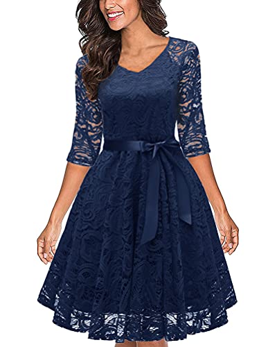 Tomwell Femmes Été Dentelle Cocktail Mariage Soirée Col Rond sans Manches Mini Robe Soirée Rockabilly Swing Robe A Bleu XS