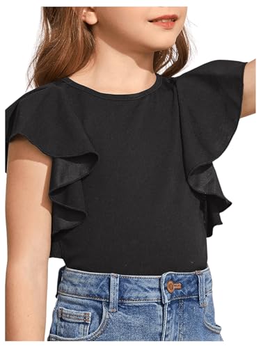 WDIRARA Girl's Ruffle Cap Sleeve Round Neck Cute Top T Shirt Solid Tee3