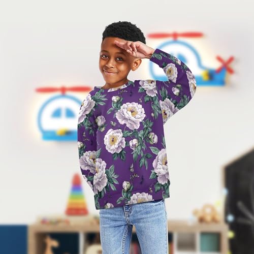 JUNZAN Chic Peonies Purple Kids Boys Pullover Hoodie Crewneck Outerwear for Kids Sports 4T4