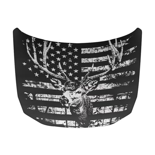 Image of American Flag Deer Print Hood Cover for Compact Car SUV Sedan Truck, Waterproof Stretchable Car Hood Wrap Blanket, Patriotic Decorations, Auto Accessories (59x39 Inch)