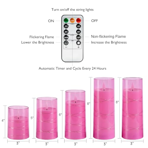 Image of Homemory Flickering Flameless Candles, Pink LED Pillar Candles with Remote | Acrylic Battery Operated Timer Candles with Embedded Star String Lights for Dating, Christmas & Indoor Holiday Home Decor