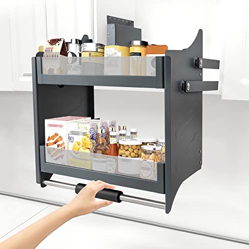 Treliamd Pull Down Cabinet Organizer, 2-Tier Pull Down Shelf, Heavy-Duty Pull Down Spice Rack, Upper Kitchen Wall Cabinet Storage Organizer, for Kitchen Appliance(24inch Cabinet) (style1)