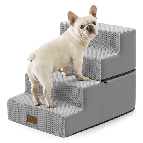 Image of COZY KISS Dog Stairs for Small Dogs, 4 Step Pet Stairs for Beds & Couches | 17.7 inch H Extra Wide Non-Slip Dog Steps with Removable Tiers & Support Board for Puppies, Older Cats & Dogs, Grey