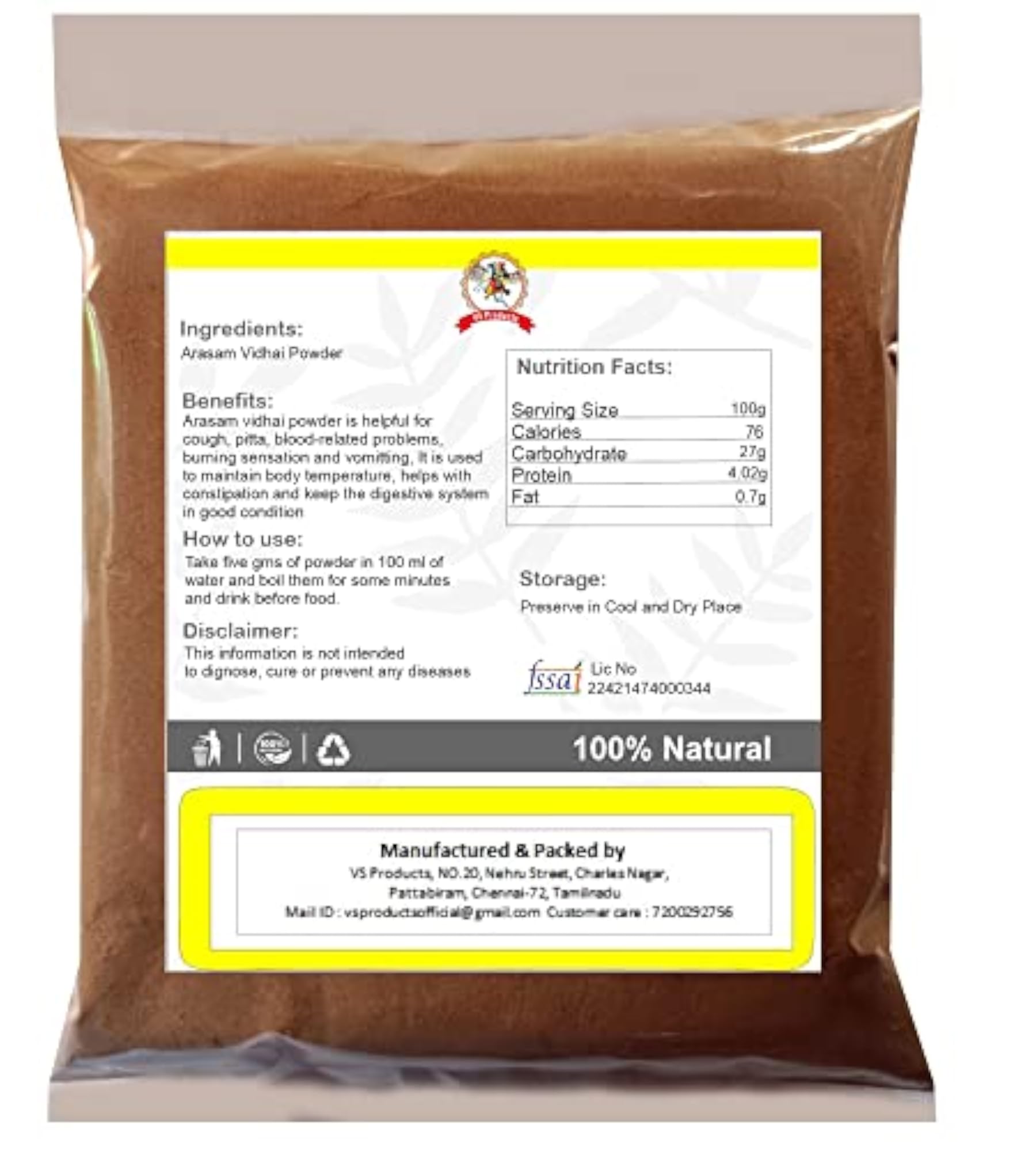 VS Products Arasam Vidhai Powder, 150g