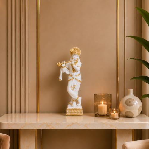 Image of ARMONIA Lord Krishna Idol Marble Dust Statue Murti |Krishana Sculpture for Home Decor,Pooja ghar,Mandir & Gifting Item |Best Gift for Wedding & Housewarming(25 inch,White) (Include Microfiber Cloth)