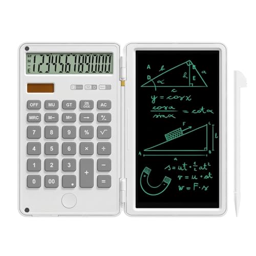 DPEDUAI Calculator with Writing Pad,12-Digit LCD Display, Dual Power Solar + Coin Cell,1-Yr Battery Life Silicone Keys for Comfort Lightweight Portable for Students/Engineers/Professionals (White)