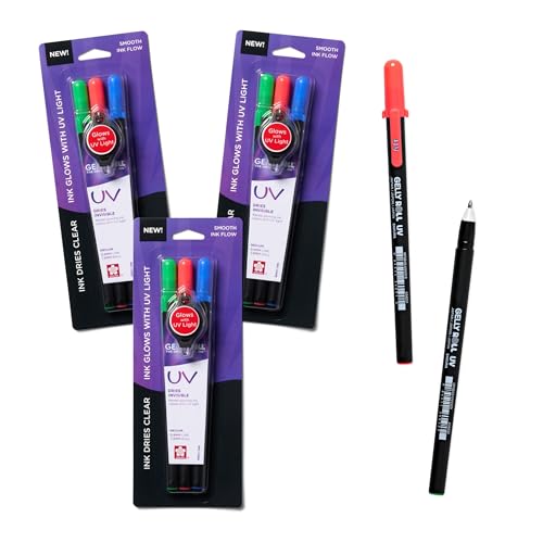 SAKURA Gelly Roll UV Pen - UV Gel Invisible Ink - With Keychain Flashlight - For Art or Drawing - Red, Green & Blue - 9 Pens, 3 Lights