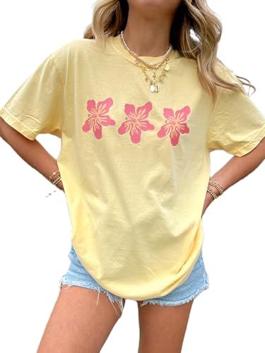 Women Y2k Oversized Graphic Tees Floral Ocean Print Short Sleeve Crewneck Tshirts Teen Girls Aesthetic Streetwear