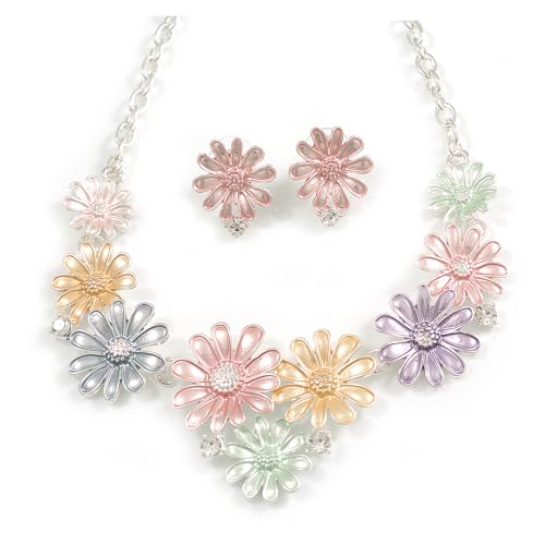 Collar de margaritas esmaltadas y pendientes de tuerca multicolor con cadena de 44 cm plata