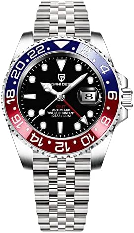 BY BENYAR Pagani Design Men GMT Automatic Watches-Fashion Stainless Steel Mechanical Watch-Sapphire Glass Lens Watch Men (Blue red-5)