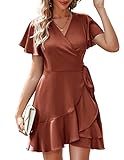 Zeagoo Womens Mini Dress Wrap V-Neck Dress Stain Silk Flowy Summer Dress Tie Front Dress