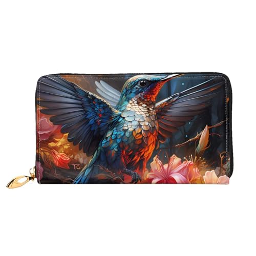Leather Women Wallets, Long Credit Card Holder, Hummingbird Print Billfold Clutch & Travel Purse Large Capacity