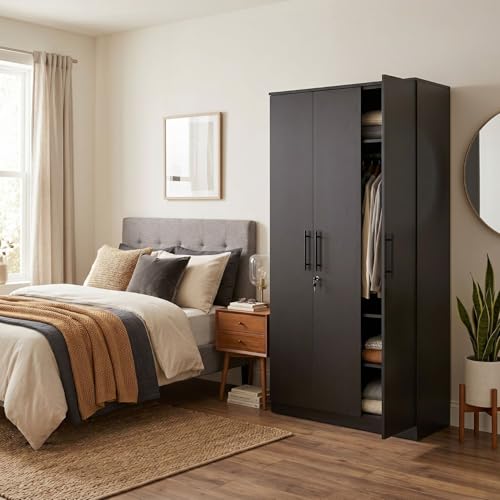 Image of FFO Metrix 3 Door Wardrobe for Bedroom | Black Wooden Almirah with Hanging Rod, Shelves & Lock | Spacious Clothes Storage Cabinet for Home, Bedroom, Hostel & Office | Modern Engineered Wardrobe DIY.
