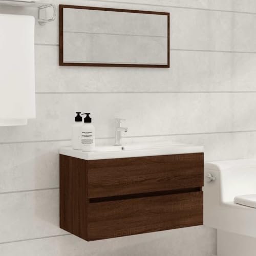 QJBSAVVA Set Mobili da Bagno 2 Pezzi Rovere Marrone Legno Multistrato Mobile Sottolavabo Salvaspazio Sospeso con Specchio 80cm per Bagno Moderno