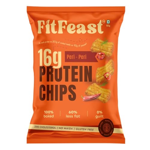 Image of FitFeast Protein Chips - Peri Peri Flavour | Pack of 6 x 60 g Each | 16g Plant Protein Per Pack | Baked, Not Fried | Multigrain Healthy Snacks | As Seen on Shark Tank