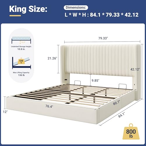 Image of Allewie King Size Lift Up Storage Bed Frame Channel Tufted Headboard Cream