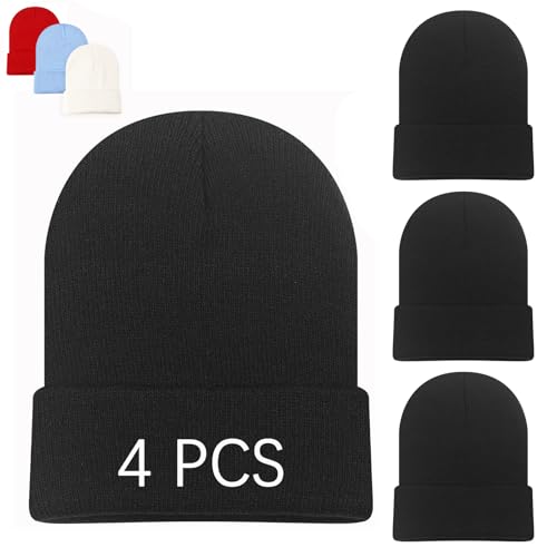 DASSNANE 4 PCS Black Beanie Hats for Men Beanie for Women Winter Knitted Hat Stocking caps Soft Ski Hat Warm Blank Black