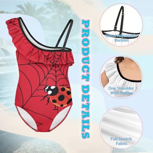 Image of Ladybug Swimsuits for Girls 5-14 One Piece Bathing Suit Kids One Ruffle Shoulder Beach Sport Swimwear