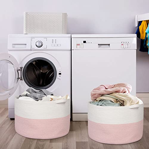 Decathlon Extra Large Cotton Rope Basket 22" X 14" Woven Blanket Basket Living Room Laundry Hamper Nursery Basket With Handle Toy Comforter Towels Cushions Pillow Storage Organizer Bin (Pink) #TOP6