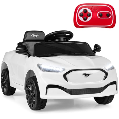 Image of Costzon Ride on Car, 12V Licensed Ford Mach E Kids Electric Vehicle with Parent Control, LED Lights, Horn, Music, Wireless Connection & Spring Suspension, Kids Car Toy for Girls Boys (White)