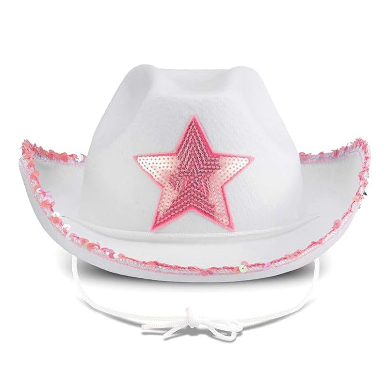 Pohotobooth Props Ltd Western Cowboy & Cowgirl Hats – One Size Fits Most – Perfect for Rodeos, Costumes, Festivals, Parties & Country-Themed Outfits (White Pink Sequin Star)