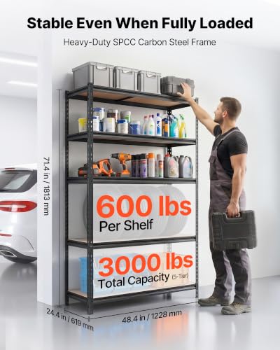 Image of VEVOR Storage Shelves, 5-Tier Adjustable, 3000 lbs Capacity Heavy Duty | Storage Shelving Unit, Metal Utility Rack Shelf, Ideal for Garage Workshop Warehouse Basement, 48.35 inch W x 24.37 inch D x 71.38 inch H