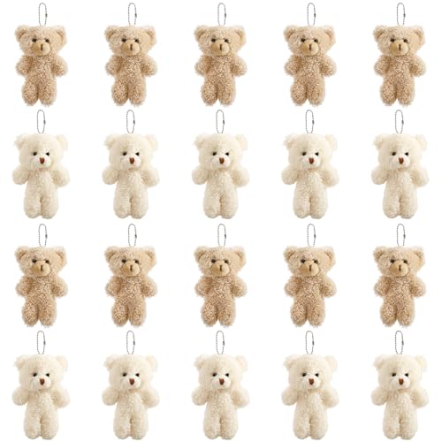 TOPZEA 20 Pack Mini Stuffed Plush Teddy Bears 4.7 Inch Small White & Brown Soft Bear Tiny Keychain Animal Ornament Bulk for Birthday Valentines Day Graduation Gift Party Favor DIY Crafts