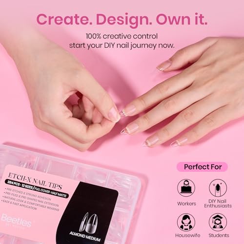 Image of Beetles Gel Nail Tips Etch-X- Almond Medium, 384pcs 12 Sizes, Pre-Etched Half Matte Full Cover Soft Gel Nail Tips, Press on False Nail Extension Acrylic Fake Nails, Easy DIY Salon Art