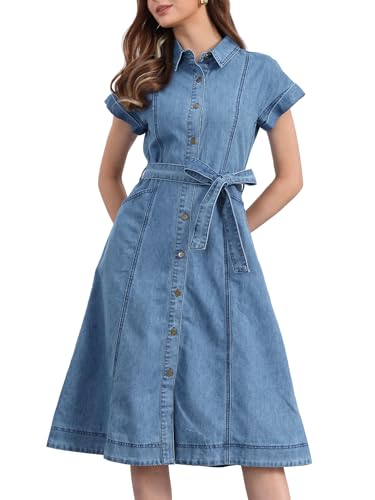 Robe chemise en jean femme manches courtes et boutons style décontracté chic