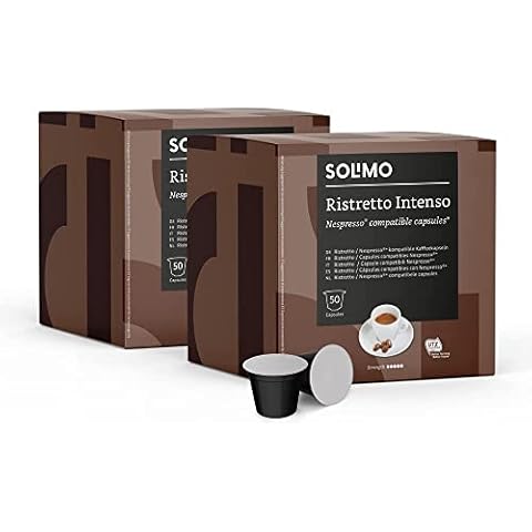 Amazon Brand - Solimo Ristretto Intenso Nespresso Compatible Coffee Capsules, 100 Capsules (2 Packs x 50) - Rainforest Alliance Certified Cover