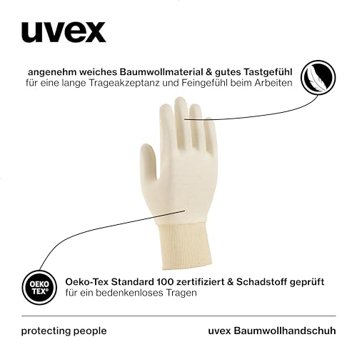 Uvex Baumwollhandschuh, 5 Paar - Kosmetik- & Montagehandschuh mit Elastan (Unterzieher, Münzhandschuh) - atmungsaktiv, elastisch & feinfühlig - natur - Größe 10/XL