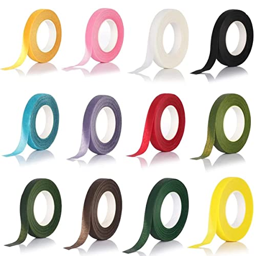 Jafirous Floral Tape, 12 Pcs Colorful Adhesive Paper Tape, 0.47 Inches x 30 Yards, for Bouquet Stem Wrapping, Floral Arrangement and Crafts, Brown, Green, White